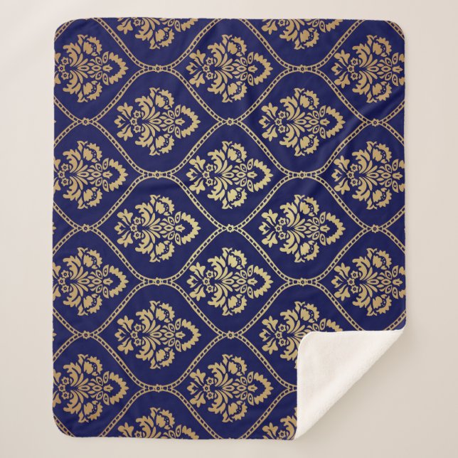 Manta Sherpa Oro y azul: Damasco de lujo (Anverso)