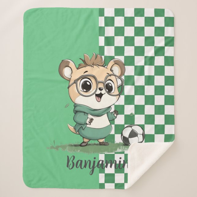 Manta Sherpa Oso lindo con bola de fútbol (Anverso)