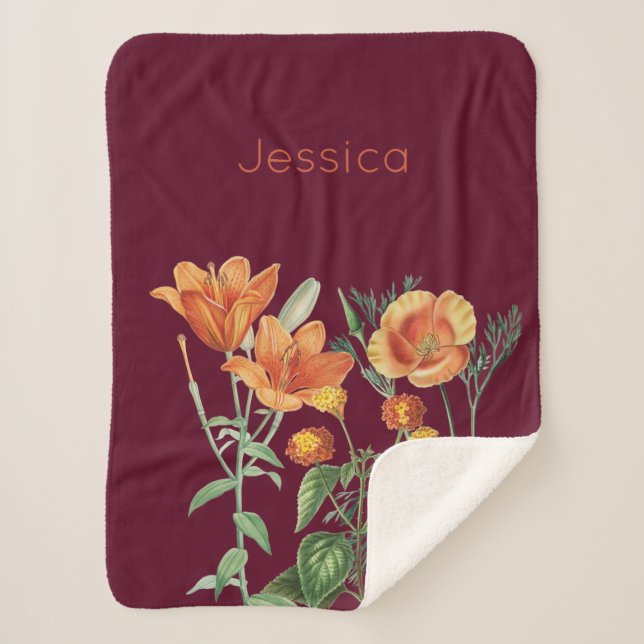 Manta Sherpa Otoño Naranja de acuarela Floral Borgoña (Anverso)