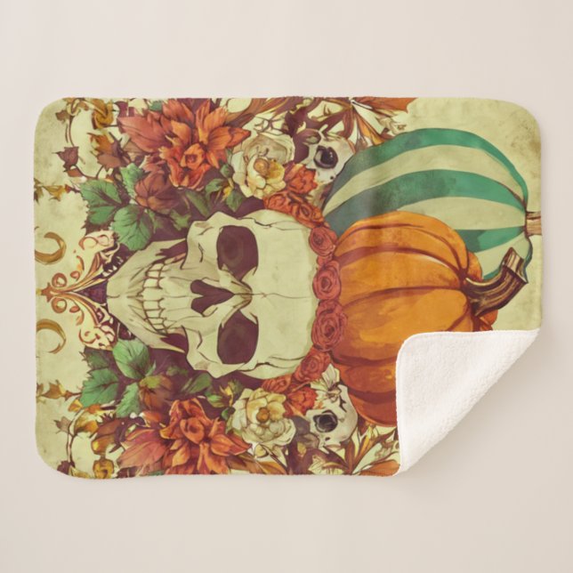 Manta Sherpa Otoño/otoño/Halloween/calabaza/esqueleto (Anverso (horizontal))
