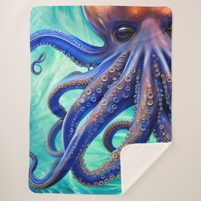 Manta Sherpa Otopus ondulado Blue Ocean Wave Pop Art (Anverso)
