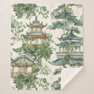 Manta Sherpa Pagoda asiática acuarela en paisaje verde (10)