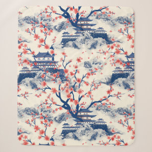 Manta Sherpa Pagoda Japonesa Flor de Cerezo Crema Azul