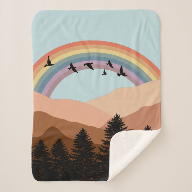 Manta Sherpa Paisaje Resumen Árboles forestales Arcoiris y Aves (Anverso)