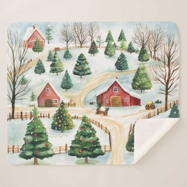 Manta Sherpa Paisaje rústico de invierno acuarela con árboles f (Anverso (horizontal))