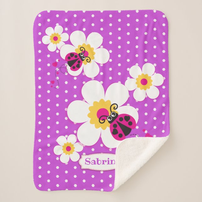 Manta Sherpa Pájaros ladybugs personalizados púrpura rosa (Anverso)