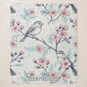 Manta Sherpa Pájaros Turquesa Elegantes Flor de Cerezo Rosa