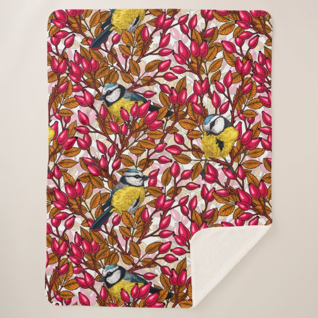 Manta Sherpa Pájaros y caderas de rosas de perro (Anverso)