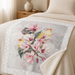 Manta Sherpa Pájaros y flores de magnolia rosadas