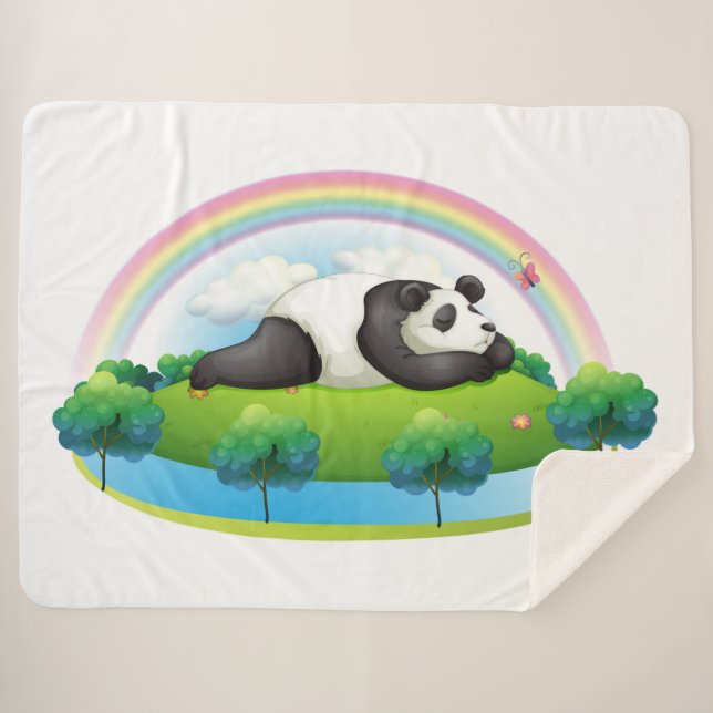 Manta Sherpa Panda Bear Relajándose bajo un arco iris (Anverso (horizontal))