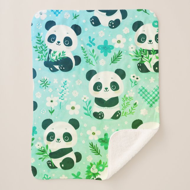 Manta Sherpa Panda Patrón de oso Impresión verde (Anverso)