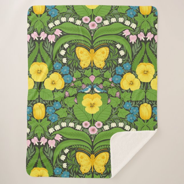 Manta Sherpa Pansias amarillas, pájaros y mariposas (Anverso)