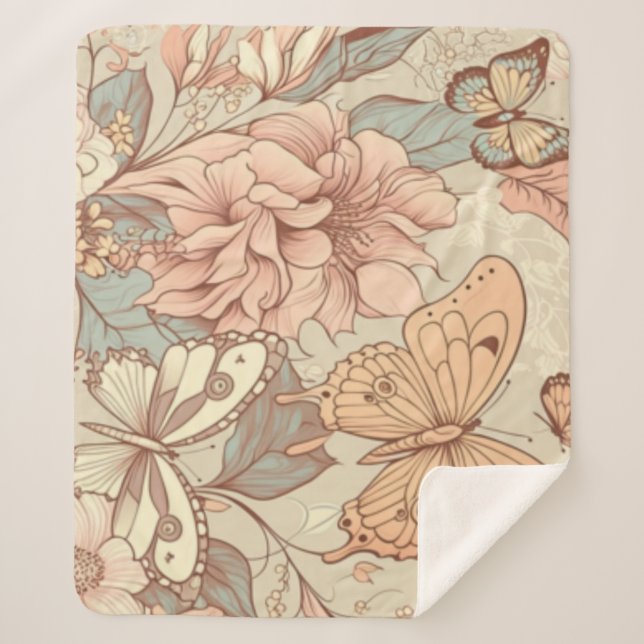 Manta Sherpa Papel de mariposas y flores (Anverso)