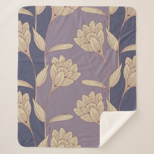 Manta Sherpa papel pintado de crocus floral retro en malva azul