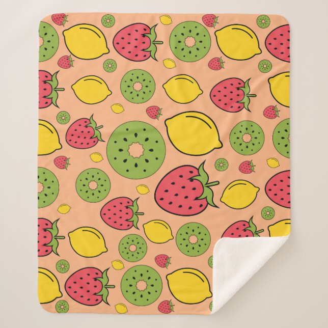 Manta Sherpa Papel tapiz de la fruta: fresas, limones, kiwis. (Anverso)