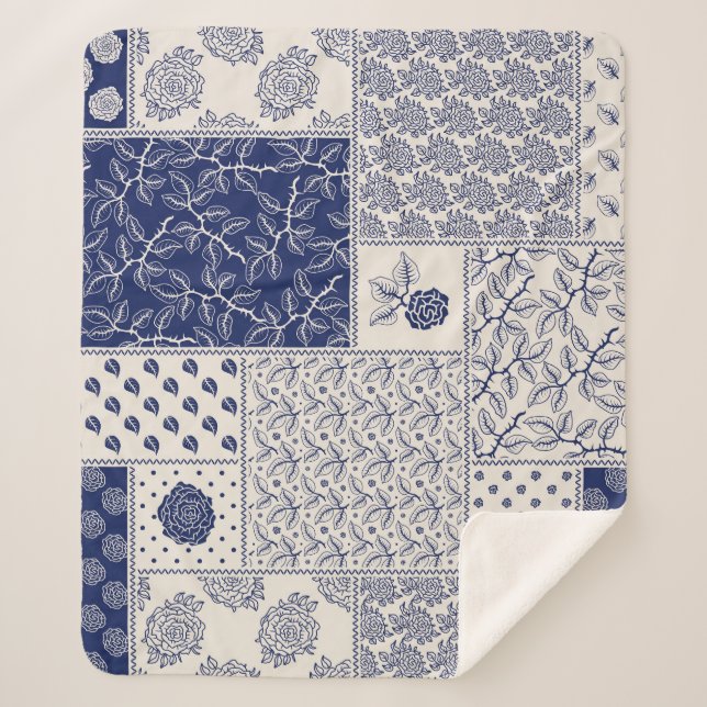 Manta Sherpa Parche floral azul índigo beige (Anverso)