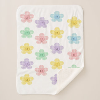 Manta Sherpa Pastel Gingham Smiling Flowers Cute Blanket 