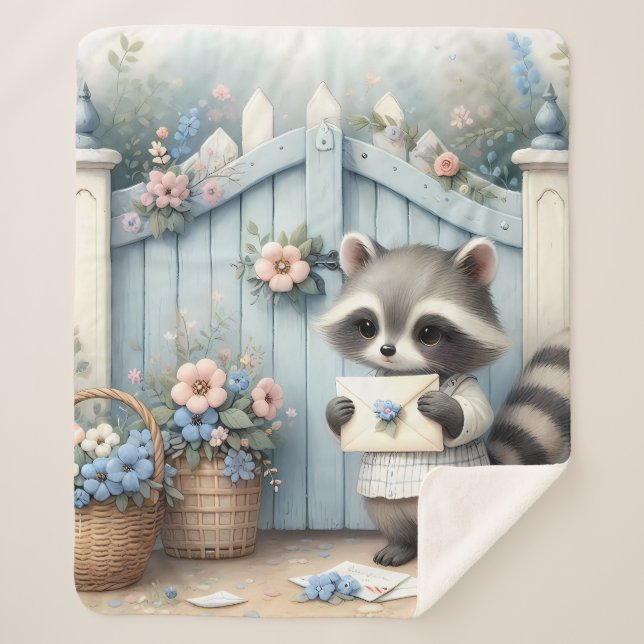 Manta Sherpa Pastel Raccoon Letter Garden (Anverso)