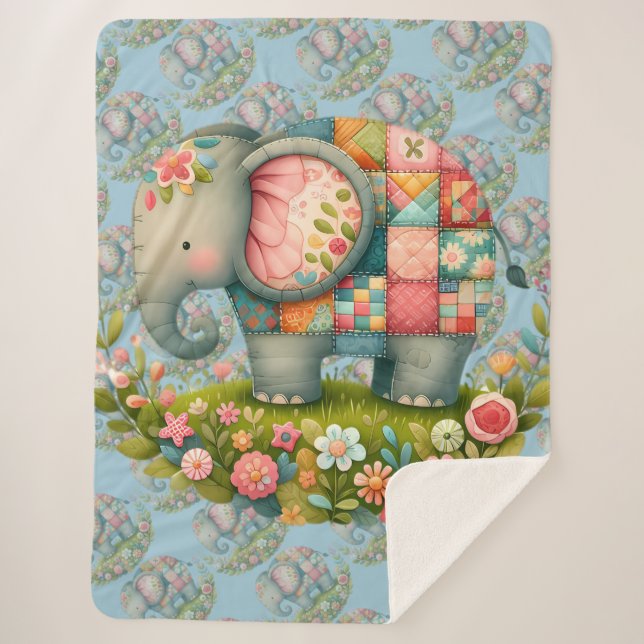 Manta Sherpa Patchwork Elephant Floral Meadow Charm (Anverso)