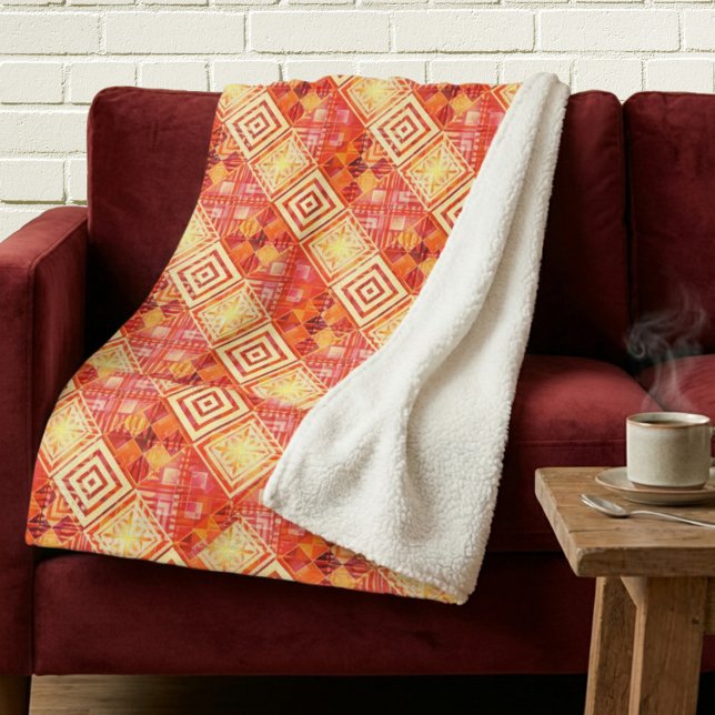 Manta Sherpa Patrón abstracto geométrico moderno (Unique sherpa blanket featuring a geometric abstract pattern with warm terra cotta earth colors)