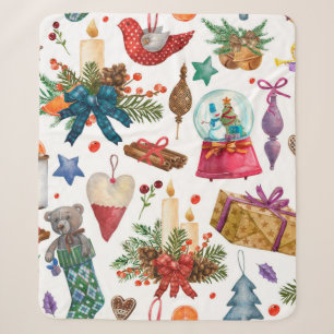 Manta Sherpa Patrón acuarela con adorno navideño vintage