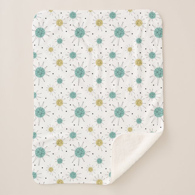 Manta Sherpa Patrón atómico amarillo azul Aqua Mid Century Mode (Anverso)