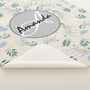 Manta Sherpa Patrón azul pastel de cebra monogramado puro