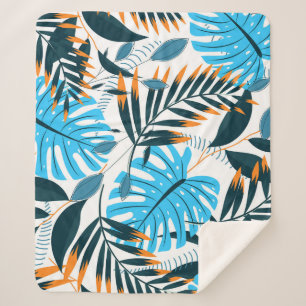 Manta Sherpa Patrón blanco brillante de hojas tropicales