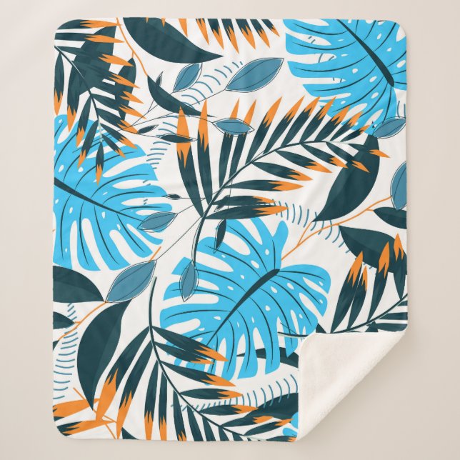 Manta Sherpa Patrón blanco brillante de hojas tropicales (Anverso)