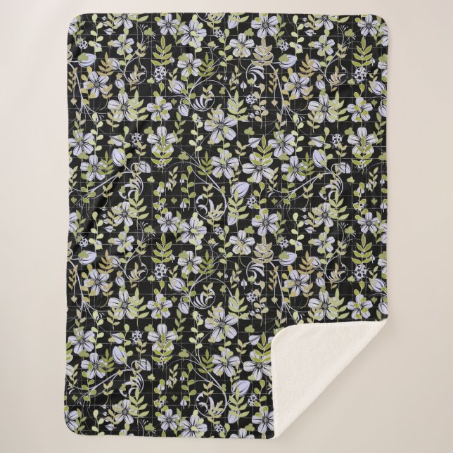 Manta Sherpa Patrón Boho 02.w Floral sobre negro BG (Anverso)