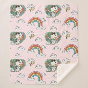 Manta Sherpa Patrón cardíaco arcoiris Snoopy & Woodstock