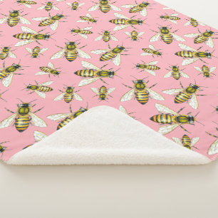 Manta Sherpa Patrón de abeja de miel ilustrado de época Rosa