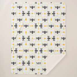 Manta Sherpa Patrón de abeja elegante amarillo monograma negro 