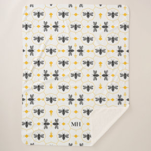 Manta Sherpa Patrón de abeja elegante amarillo monograma negro