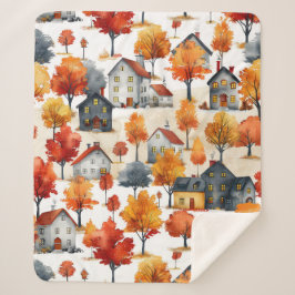 Manta Sherpa Patrón de aldea de bosques de acuarela rústica