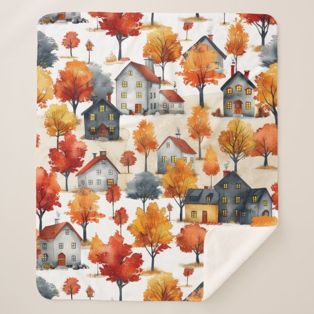 Manta Sherpa Patrón de aldea de bosques de acuarela rústica (Anverso)