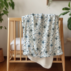 Manta Sherpa Patrón de azulejos marroquíes de acuarela azul y b