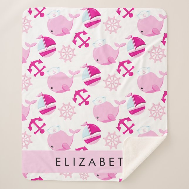 Manta Sherpa Patrón de ballenas, ballenas rosadas, tu nombre (Anverso)