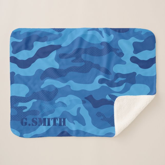 Manta Sherpa Patrón de camuflaje de camo de textura azul modern (Anverso (horizontal))