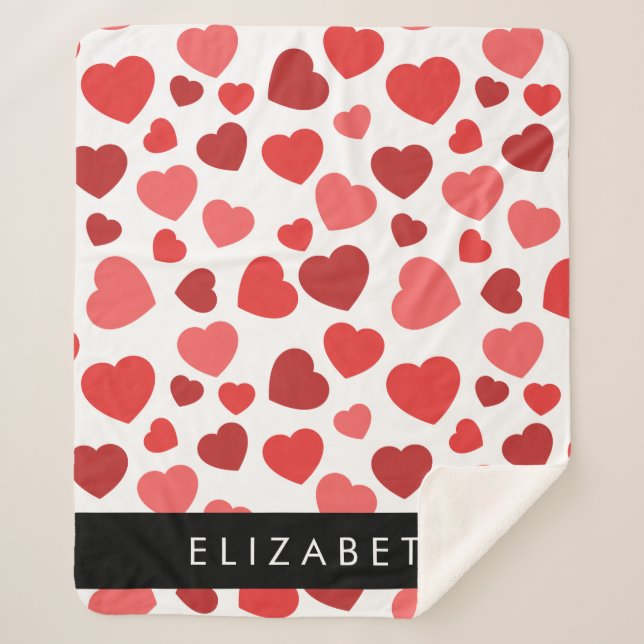 Manta Sherpa Patrón De Corazones, Corazones Rojos, Tu Nombre (Anverso)