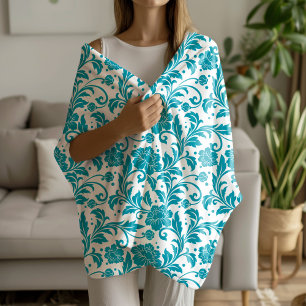Manta Sherpa Patrón de damasco floral turquesa y blanco