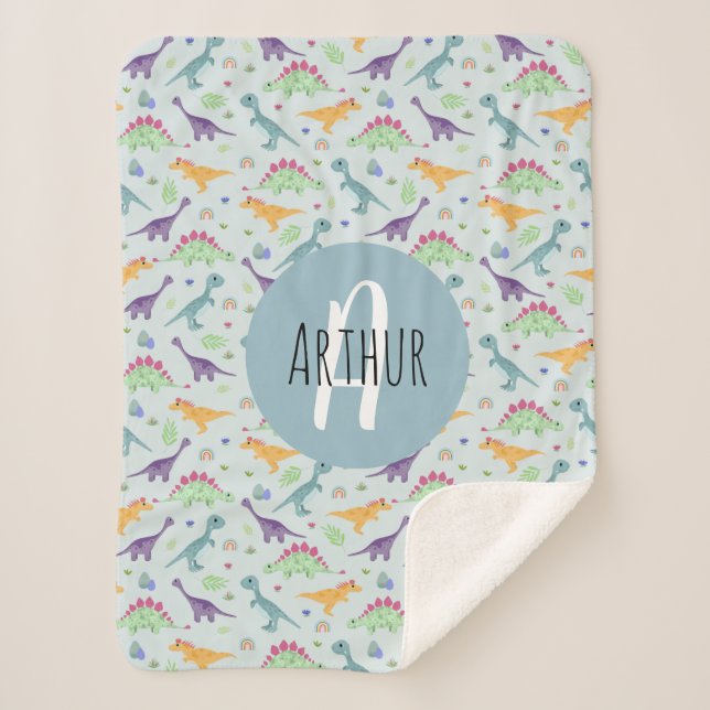 Manta Sherpa Patrón de dinosaurios azules redondeados niños mon (Anverso)