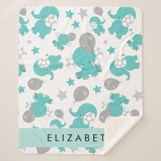 Manta Sherpa Patrón De Elefantes Azules, Estrellas, Tu Nombre (Anverso)