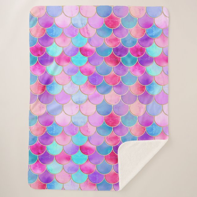 Manta Sherpa Patrón de escala de sirenas rosa, púrpura y Aqua (Anverso)