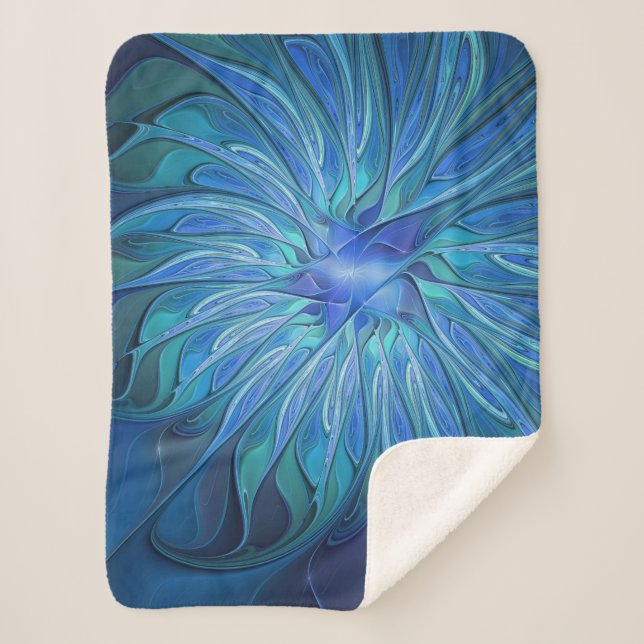 Manta Sherpa Patrón de fantasía de flor azul, arte fractal abst (Anverso)