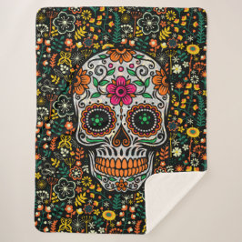 Manta Sherpa Patrón de flores retro Cráneo de azúcar