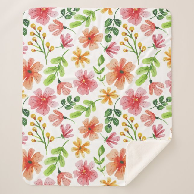 Manta Sherpa Patrón de flores rosadas acuarela (Anverso)