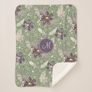 Manta Sherpa patrón de flores sage púrpura plum lilac