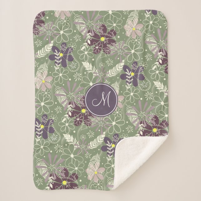 Manta Sherpa patrón de flores sage púrpura plum lilac (Anverso)