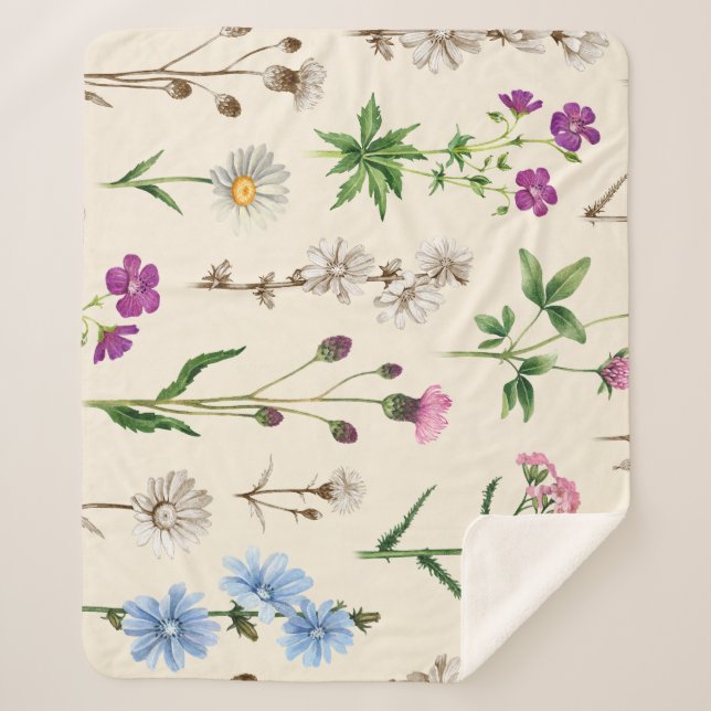 Manta Sherpa Patrón de flores silvestres acuáticas. (Anverso)